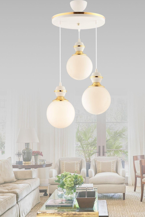 Berru 3Lü Tepsi Beyaza Gold Glop Camlı Lüks Salon Aydınlatması