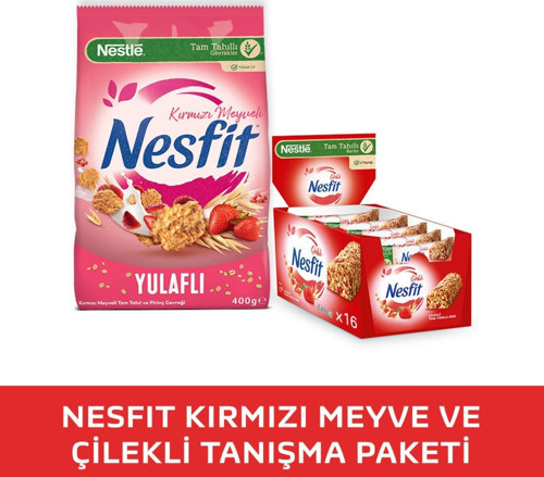 NESFIT Kırmızı Meyveli Tam Tahıl ve Pirinç Gevreği 400g & Çilekli Tam Tahıllı Bar 16x23,5g