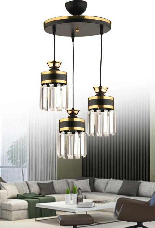 Eylül 3Lü Sarkıt Kristal Taşlı Tepsi Siyah Sarı Yaldızlı Modern Lüks Salon Avizesi