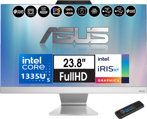 A3402 Intel Core I5 1335U 16GB Ddr5 1tb SSD Fhd 23.8" IPS 100Hz Freedos All In One Bilgisayar A3402WBAK 58512W0DF03+ZETTAUSBBELLEK