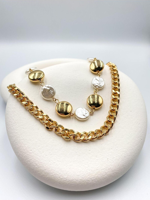 İkili Katmanlı Şık Gold Zincir Ve Inci Para Kolye - Gösterişli Modern Zarif (24K Gold)