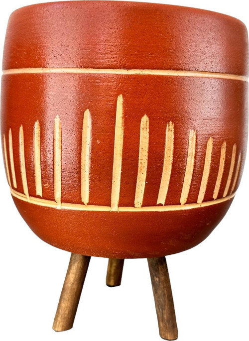 Dik Çizgi Desenli Toprak Saksı Saksılık Salon Çiçeklik 3 Ayaklı - 19 CM