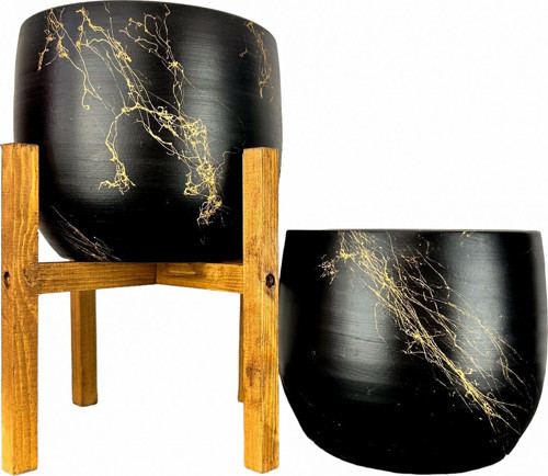 Siyah Üzeri Gold Mermer Efektli Toprak Saksı Saksılık Salon Çiçeklik İkili Set Ayaksız - 4 Ayaklı- 19 CM