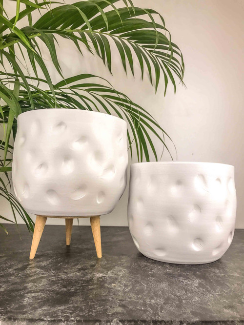 Beyaz Desenli Toprak Saksı Saksılık Salon Çiçeklik İkili Set Ayaksız - 3 Ayaklı- 19 CM
