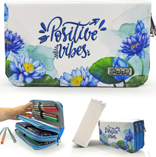 Kalem Kutusu Lotus Positive Vibes Kawai Organizer Kalemkutu Vegan Deri Üç Bölmeli Kalemlik Mavi