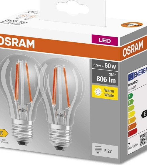 Led Flament 6.5W 2700K 806lm E27 Duy Sarı Işık 2'li Paket Lamba