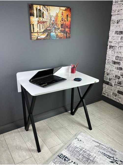 Hayal Beyaz Çalışma Masası Bilgisayar Ofis Masası Metal Siyah Ayaklı 90 Cm