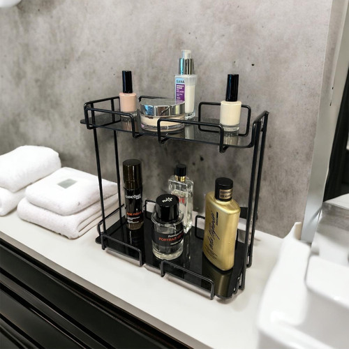 2 Katlı 28x14 Siyah Banyo ve Kozmetik Düzenleyici - Çift Katlı Sunum ve Servis Tepsisi