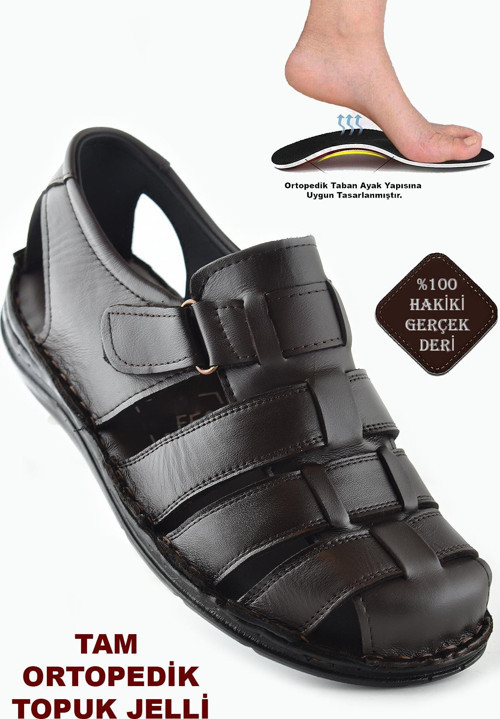 Ayakkabiburada 033 Topuk Jelli Hakiki Deri Erkek Sandalet Ayakkabı