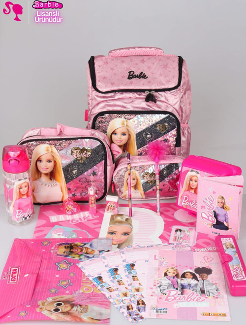 DEKOMUS LİSANSLI BARBIE GİZEMLİ PARILTILAR KOLEKSİYONU FULL + FULL "COLLEGE" OKUL,BESLENME VE KALEM ÇANTASI,MATARA,BESLE