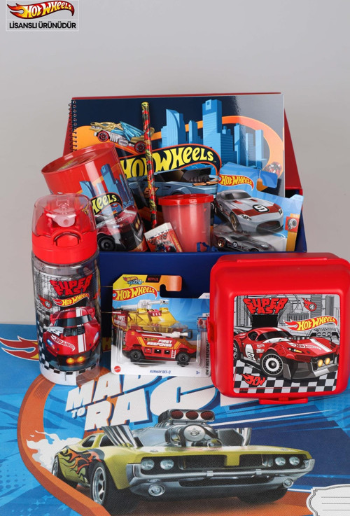 DEKOMUS ÖZEL KUTULU YENİ SEZON LİSANSLI HOT WHEELS DIECAST ARABA,MATARA,BESLENME KABI,BESLENME ÖRTÜSÜ,OYUN HAMURU KIRTAS