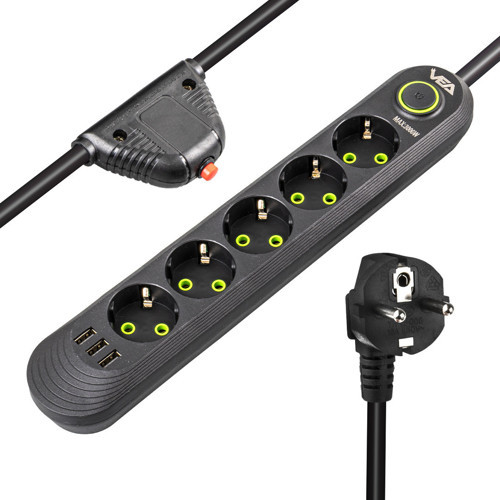 VA-21561 Akım Korumalı Priz 5 Li 1.5 Metre Uzatma Kablosu Usb li Isıya Dayanıklı 3-16 Amper Anahtarlı