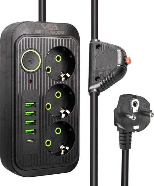 VA-21565 Akım Korumalı Priz 1.5 Metre 3 Lü Usb Li Aç Kapa Anahtarlı Uzatma Kablosu Priz