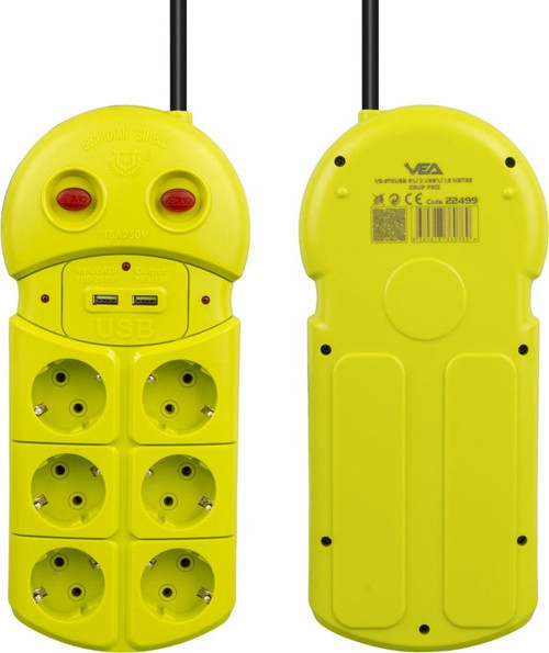 Ve-970USB 6 Lı 2 Usb Li 1.5 Metre Grup Priz Uzatma Kablosu 3680 Watt 16 Amper Hızlı Şarj Özellikli