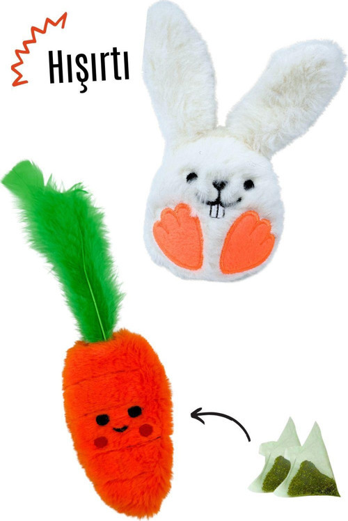 Kedi Oyuncak Seti Hışırtı Sesli Peluş Tavşan Ve 2 Adet Catnip Paketli Peluş Havuç Kedi Oyuncakları