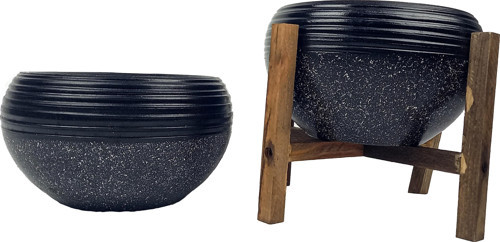 Siyah Granit Küp Aranjman Saksı Saksılık Salon Çiçeklik İkili Set (Ayaksız-4 Ayak)