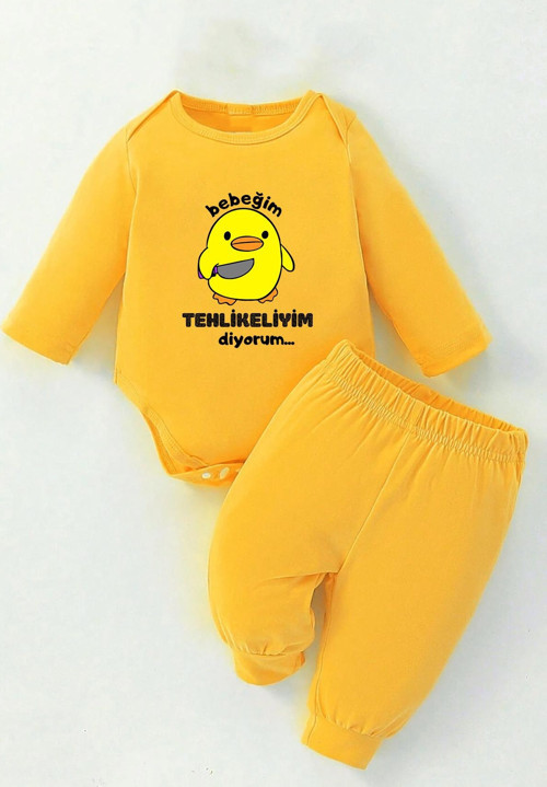 %100 Pamuklu Tehlikeliyim Diyorum Baskılı Kız - Erkek Bebek & Çocuk Takım