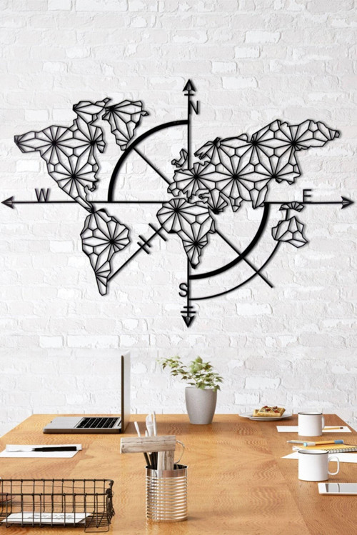 Pusulalı Dünya Haritası Ev&Ofis Metal Duvar Tablosu - 90x130 Cm