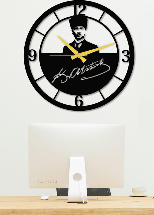 Atatürk Portreli Imzalı Siyah Metal Duvar Saati - Ev & Ofis Saati - Hediye Saat 60 x 60 Cm