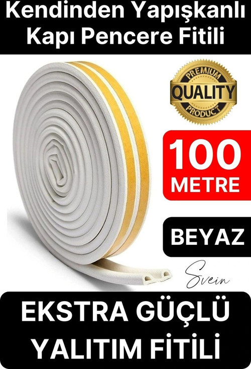 Kalın Kauçuk 2x50=100 Mt Ekstra Uzun Beyaz Kapı Pencere Fitili Soğuk Koruyucu Geçirmez İzolasyon