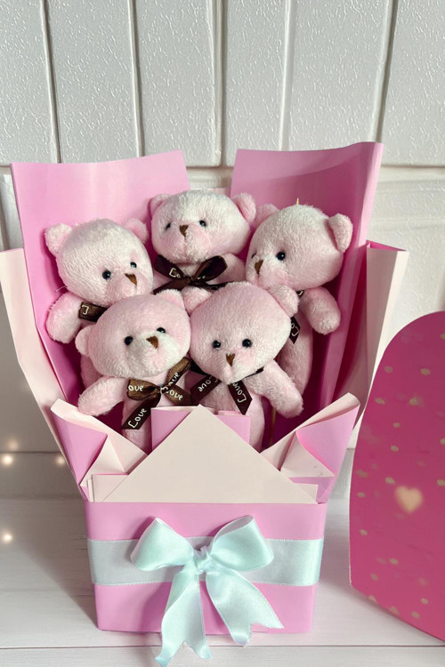 Sevgiliye Özel Pembe Konsept Romantik Peluş Ayıcık Buketi