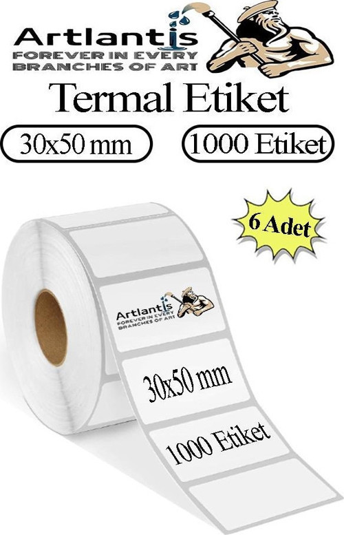 30X50 mm Barkod Etiketi Yapışkanlı 6 Adet Rulo Etiket Termal Barkot Terazi Etiketi 1000 li Barkod Yazıcılarına Uyumludur