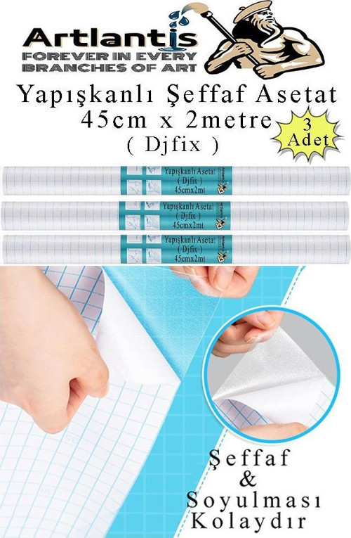 Yapışkanlı Şeffaf Asetat 3 Adet 45cm x 2 metre Djfix Kendinden Yapışkanlı Şeffaf Rulo Asetat Transparan Soğuk Laminasyon