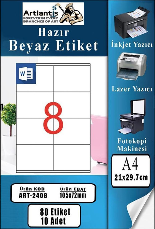 A4 Hazır Etiket 105x72 mm 10 Sayfa 1 Paket 8 li Kendinden Yapışkanlı Fotokopi Lazer İnkjet Kağıdı Yazıcılar İçin Uyumlu