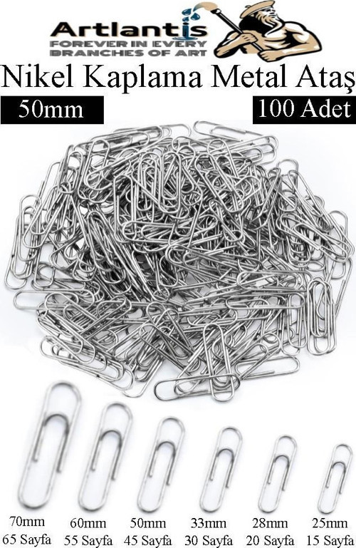 Büyük Metal Ataş No 5 50 mm 100 lü 1 Paket Nikel Kaplama Metal Ataç Dayanıklı Paslanmaz 45 Sayfa Kapasiteli Dev Ataş