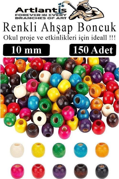 Renkli Ahşap Boncuk 10 mm 150 Adet Renkli Tahta Boncuk El İşi Okul Öncesi Kreş Anasınıfı Proje Tasarım Ödev Elişi