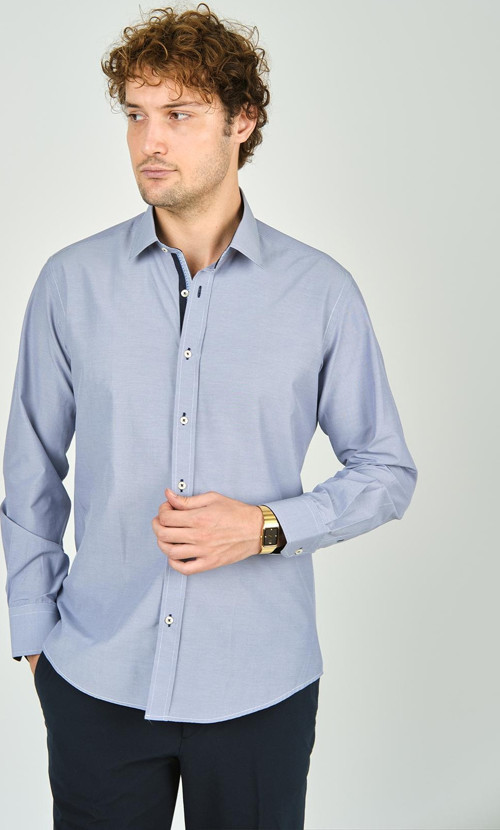 Erkek Slim Fit Uzun Kollu %100 Pamuk Gömlek 2008 Mavi