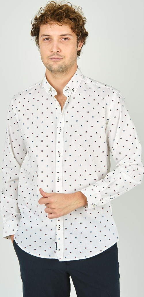 Erkek Slim Fit Desenli Uzun Kol %100 Pamuk Gömlek 2041 Ekru