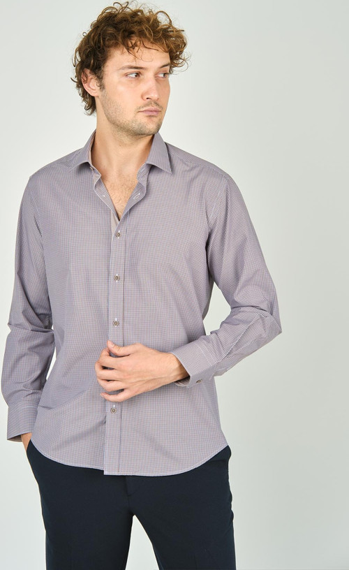 Erkek Slim Fit Ekoseli Uzun Kollu %100 Pamuk Gömlek 2062 Kahverengi