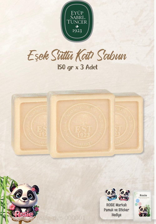 3 Adet Eyüp Sabri Tuncer Eşek Sütlü Katı Sabun 150 gr ve %100 Doğal ROSIE Pamuk