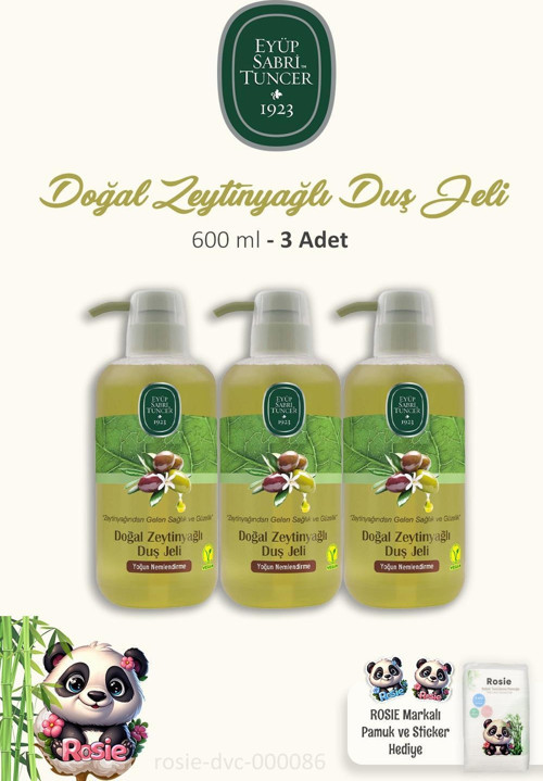 3'lü Eyüp Sabri Tuncer Doğal Zeytinyağlı Duş Jeli 600 ml ve ROSIE %100 Pamuk