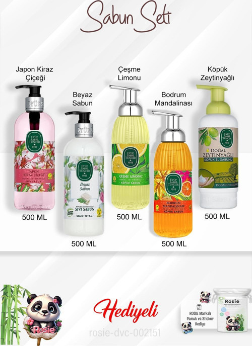 500 ML Sabun Paket Japon Kiraz Çiçeği, Bodrum Mandalinası, Zeytinyağlı, Beyaz Sabun, Çeşme Limonu ve Rosie
