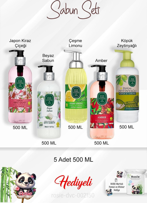 500 ML Sabun Paket Amber, Zeytinyağlı, Beyaz Sabun, Çeşme Limonu, Japon Kiraz Çiçeği ve Rosie
