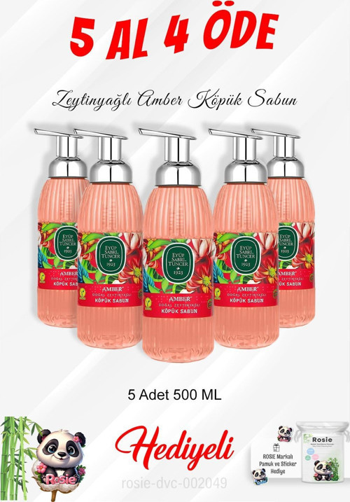 Amber Zeytinyağlı Köpük Sabun 500 ML 5 Al 4 Öde ve Rosie Pamuk