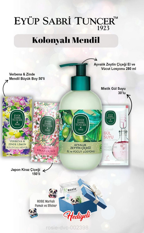 Ayvalık Zeytin Çiçeği Losyon 280 ml, Gül suyu 30'lu, Verbena & Zinde 50'li, Kiraz Çiçeği 150'li ve Rosie
