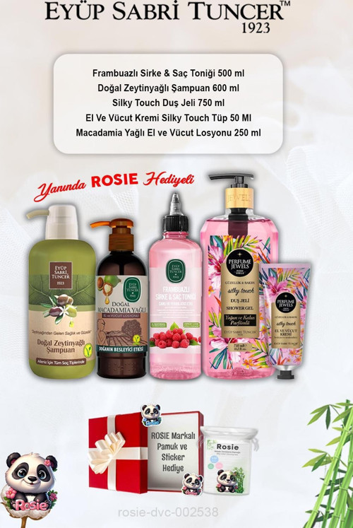 Frambuazlı Tonik, Zeytinyağlı Şampuan, Silky Touch duş jeli ve kremi, Macadamia Losyon ve Rosie