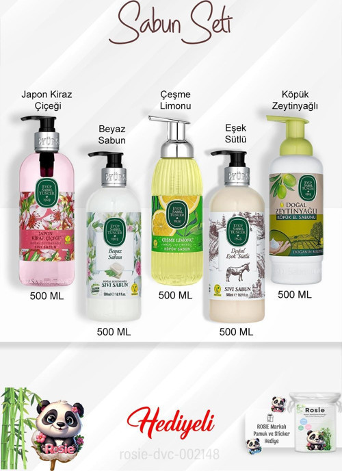 Sabun Paket 500 ML Zeytinyağlı, Eşek Sütlü, Beyaz Sabun, Çeşme Limonu, Japon Kiraz Çiçeği ve Rosie