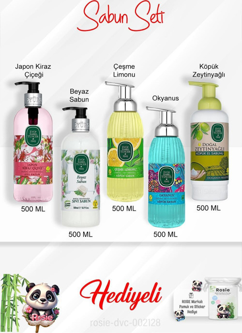 Sabun Paketi 500 ML Çeşme Limonu, Okyanus, Japon Kiraz Çiçeği, Beyaz Sabun, Zeytinyağlı ve Rosie