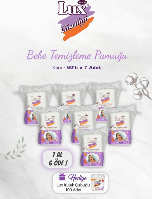 7 AL 6 ÖDE Lux Kare Bebe Temizleme Pamuğu 60' lı, Kulak Çubuğu Hediyeli