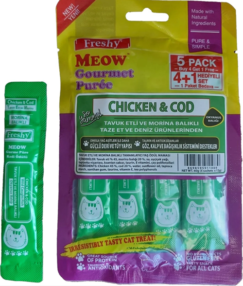 Meow Gurme Tavuklu ve Morina Balıklı Sıvı Kedi Ödülü 5'li Paket 60 Gr