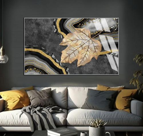 Gri - Gold Soyut Yaprak Desenli Model Çerçeveli Temperli Cam Tablo Tekli Yatay
