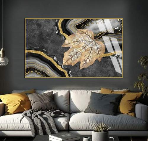 Gri - Gold Soyut Yaprak Desenli Model Çerçeveli Temperli Cam Tablo Tekli Yatay