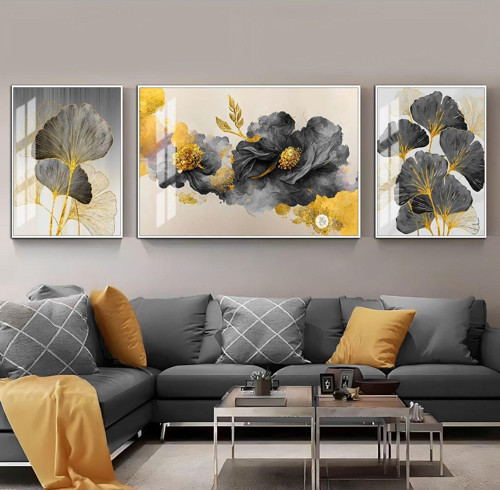 Soft Gold - Siyah Sevilen Çiçek Yaprak Kombini Çerçeveli Temperli Cam Tablo 3'Lü Yatay