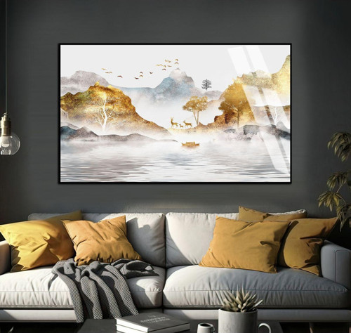 Soft Beyaz - Gold Dağ Manzara Modeli Çerçeveli Temperli Cam Tablo Tekli Yatay