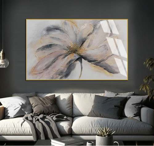 Soft Gri - Gold Soyut Çiçekli Şekil Çerçeveli Temperli Cam Tablo Tekli Yatay