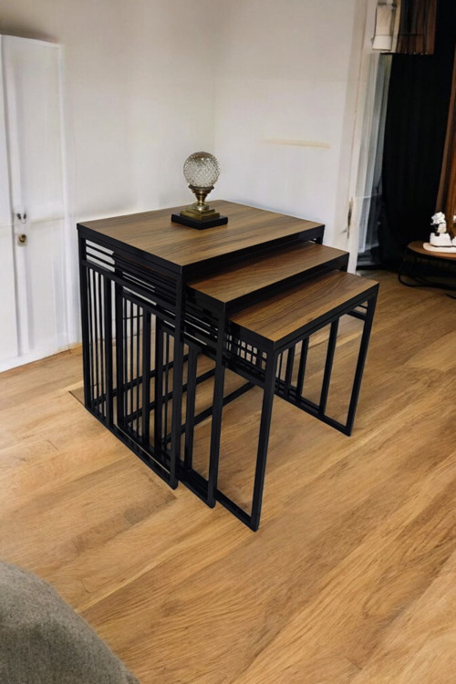 Milano Siyah Metal Ayaklı Ceviz Üst Tablalı Zigon Sehpa 40x55 cm